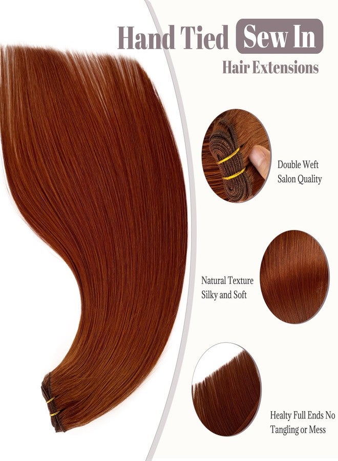 Smartinnov Copper Red Weft Hair Extensions, Double Weft Sew in Human Hair Extension for Women 16 Inch 100g Light Auburn Brown Hair Bundles Hand Tied Sew in for Adding Silky Straight New Red Ginger Color - Image 5